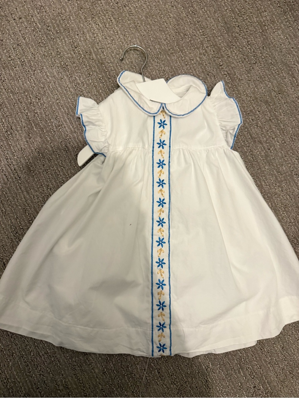 White Embroidered Girls' Party Dress with Blue Trim